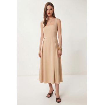Rochie Midi - Happiness Istanbul - A-line - guler patrat - bej natural - poliester