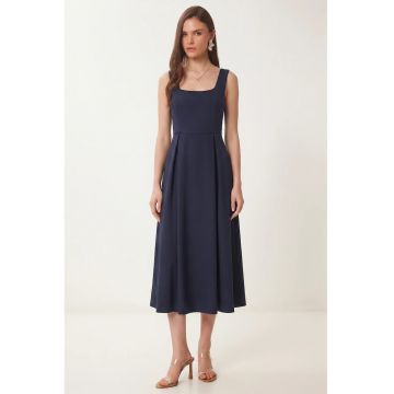 Rochie Midi - Happiness Istanbul - A-line - guler patrat - bleumarin - poliester