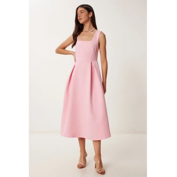 Rochie Midi - Happiness Istanbul - A-line - Guler Patrat - Culoare Roz Pudra - Poliester
