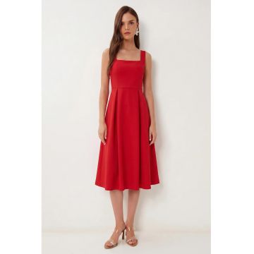 Rochie Midi - Happiness Istanbul - A-line - Guler Patrat - Rosu - Poliester
