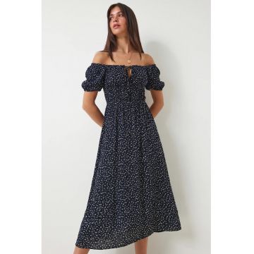 Rochie Midi - Happiness Istanbul - Albastru Marin - cu imprimeu floral - maneci scurte - 100% viscoza