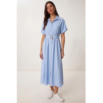Rochie midi - Happiness Istanbul - camasa din poplin - cu curea - albastru deschis - bumbac-poliester