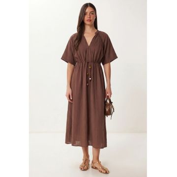 Rochie Midi Happiness Istanbul - casual - maneci scurte - decolteu in V - maro - poliester