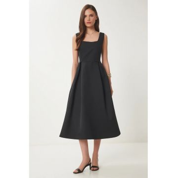 Rochie midi - Happiness Istanbul - guler patrat - croiala in A - negru - poliester -