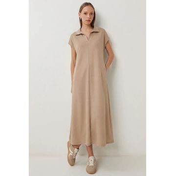 Rochie Midi Happiness Istanbul - Guler Polo - Buzunar - Bej Natural - Bumbac cu Elastan