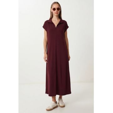 Rochie Midi Happiness Istanbul - Guler Polo - Buzunar - Rosu - Bumbac cu Elastan