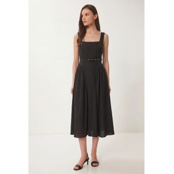 Rochie Midi - Happiness Istanbul - Negru - cu decolteu patrat - fara maneci - cu curea
