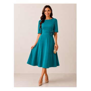 Rochie midi -  in clos cu floare decorativa - turcoaz - Turcoaz