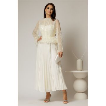 Rochie midi ivoar de seara din voal plisat cu perle si paiete