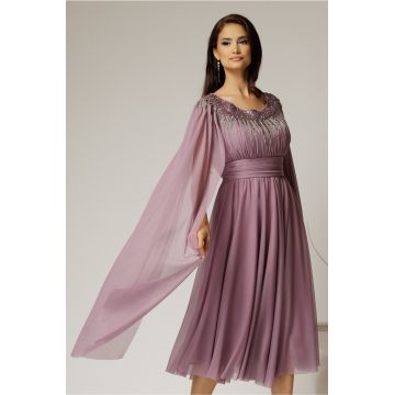Rochie midi lila de ocazie din tul cu aplicatii la decolteu si maneci lungi