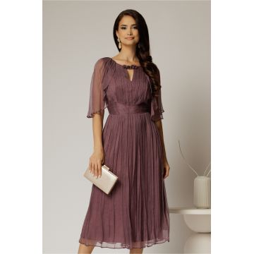 Rochie midi mov prafuit din matase cu detaliu floral si decolteu V