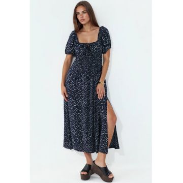 Rochie Midi  Neagra - 100% Viscose - Croiala Lejera - Decolteu Patrat - Maneci Scurte