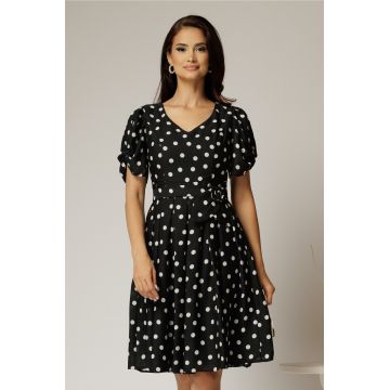 Rochie midi neagra cu buline albe din voal si cordon detasabil