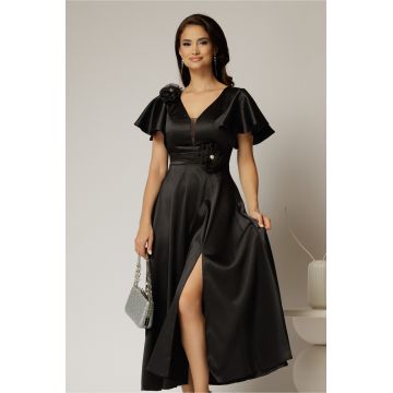 Rochie midi neagra de ocazie din tafta cu maneci evazate si decolteu adanc