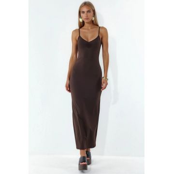 Rochie midi -  neagra - fara maneci - decolteu in V - drapaj - lycra