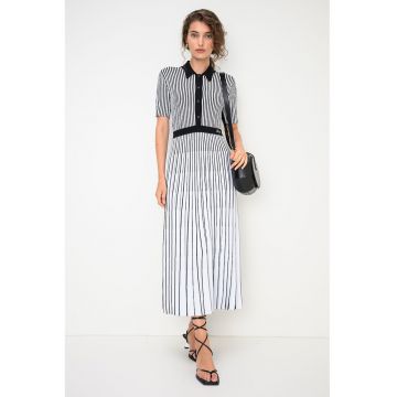 Rochie midi plisata cu model in dungi - Alb/Negru