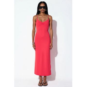 Rochie midi -  rochie tip furou - decolteu in V - rosu - jerseu de lycra