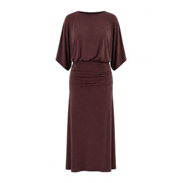 Rochie midi -  rosu - jerseu elastic - fara inchidere - drapaj -