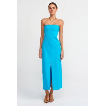 Rochie Midi  Stramta Fara Bretele Cu Slit - Albastru - Bumbac-Poliamida-Elastan -