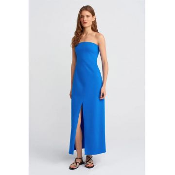Rochie Midi  Stramta Fara Bretele Cu Slit - Albastru Cobalt - Bumbac - Poliamida - Elastan -