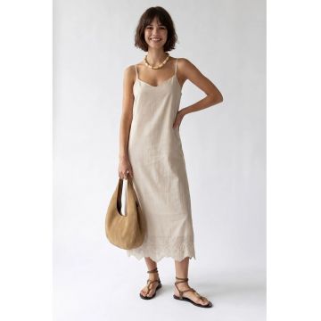 Rochie midi -  tip A - broderie - piatra naturala - lyocell-poliester