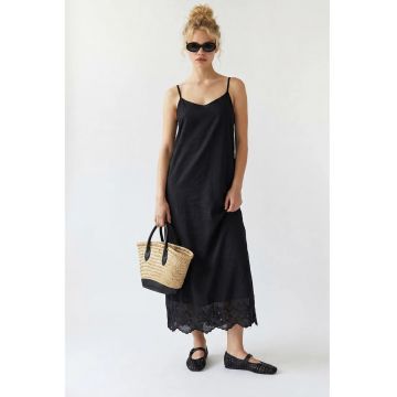Rochie midi -  tip A-Line - broderie - negru - lyocell-poliester -