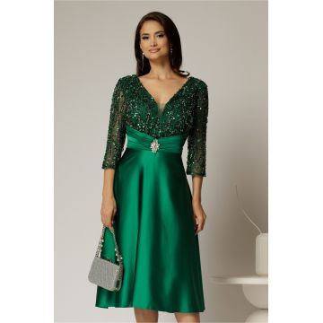 Rochie midi verde de ocazie din tafta si bustul cu paiete si dantela