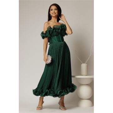 Rochie midi verde in clos din voal satinat cu volanase la bust si la baza