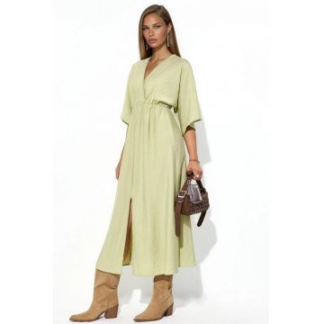 Rochie midi -  verde masliniu - decolteu in V - maneci trei sferturi - 100% poliester -