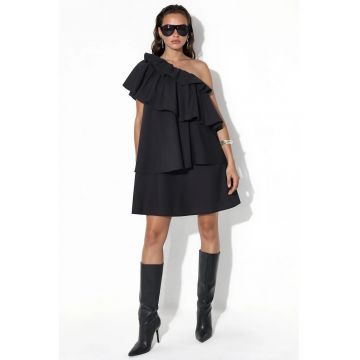 Rochie Mini Asimetrica -  Neagra - Poliester cu Lycra - Detalii cu Volane