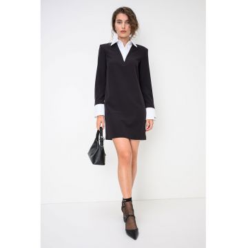 Rochie mini cu mansete contrastante si guler - Negru