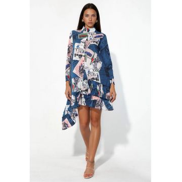 Rochie Mini -  Floral - Multicolor - Sifon - Maneci lungi