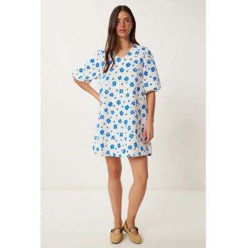Rochie mini - Happiness Istanbul - A-line - imprimeu floral - gri inchis - bumbac cu elastan