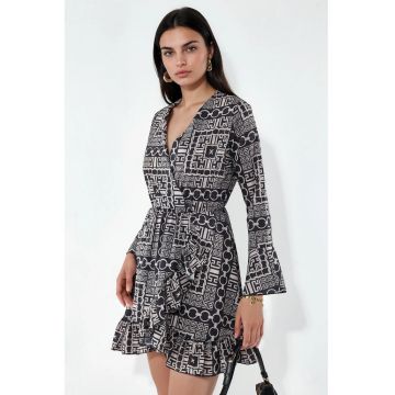 Rochie Mini -  Petrecuta cu Cordon in Talie - Bej Natural - Geometric - Maneca Lunga