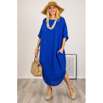 Rochie oversize lalea cu crapatura rotunjita, din in, albastra