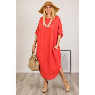 Rochie oversize lalea cu crapatura rotunjita, din in, corai