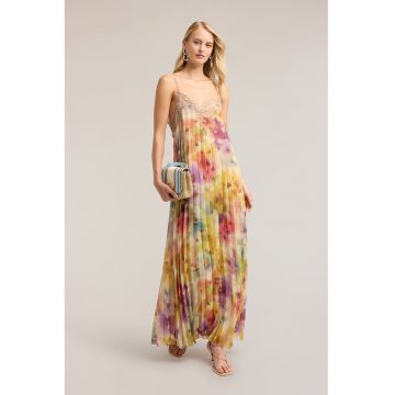 Rochie plisata cu model floral - Galben/Bej/Roz
