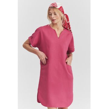Rochie scurta din amestec de in cu buzunare - Roz zmeuriu