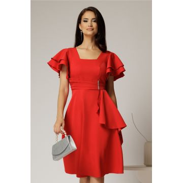 Rochie scurta rosie cu maneci scurte evazate si aplicatie pe talie