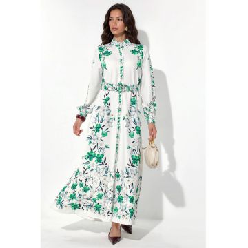 Rochie tip camasa -  floral - alb - poliester cu lycra - cu curea