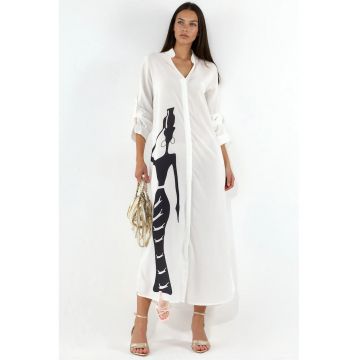 Rochie tip camasa -  maxi - imprimeu text - alb - poliester cu lycra