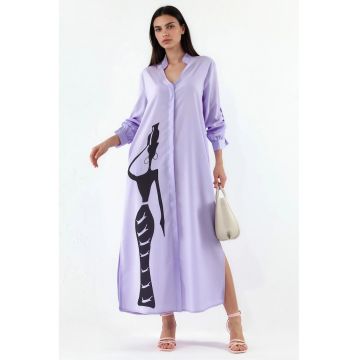 Rochie tip camasa -  maxi - imprimeu text - mov - poliester cu lycra