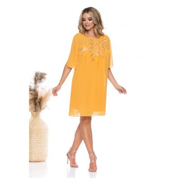 Rochie vaporoasa cu croiala dreapta si aplicatii florale cu paiete - Galben