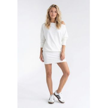 Rochie casual din bumbac - cu decolteu barca - maneci 3/4 - croiala lejera - midi - fara inchidere - M1345 - Ecru