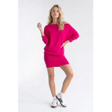 Rochie casual din bumbac - cu decolteu barca - maneci 3/4 - croiala lejera - midi - fara inchidere - M1345 - Fucsia