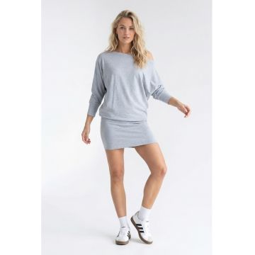 Rochie casual din bumbac - cu decolteu barca - maneci 3/4 - croiala lejera - midi - fara inchidere - M1345 - Gri