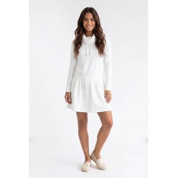 Rochie casual din bumbac - midi - cu guler inalt - maneca lunga - croiala dreapta - tip trening - M1378 - Ecru