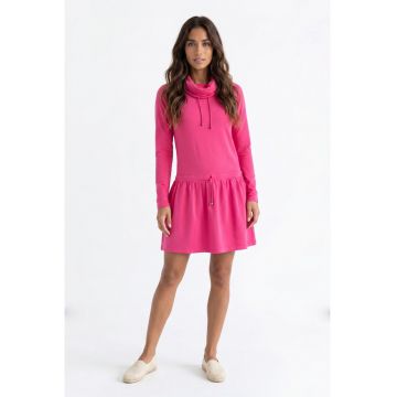 Rochie casual din bumbac - midi - cu guler inalt - maneca lunga - croiala dreapta - tip trening - M1378 - Fucsia