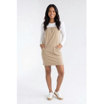 Rochie casual midi cu decolteu rotund - maneca lunga - croiala dreapta si buzunare - M1359 - Bej