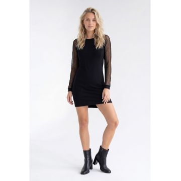 Rochie casual midi din bumbac - cu decolteu rotund - maneca lunga si croiala dreapta - M1354 - Negru